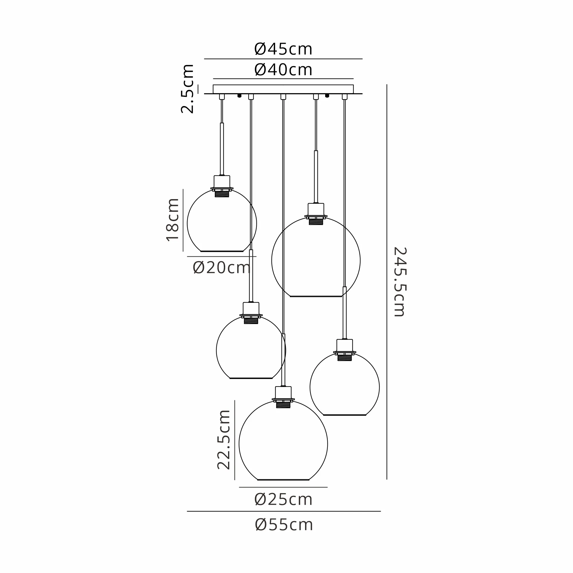 DK1295  Lori cm Round Pendant, 5 Light Adjustable E27, Polished Chrome/Iridescent/Iridescent Open Mouth Round Globe Shades